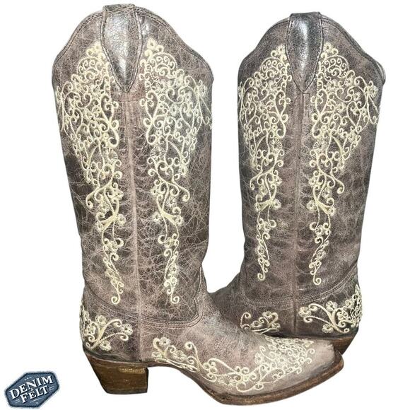 Corral Light Brown/Taupe Cream Crater Bone Embroidered Western Cowboy Boots - Picture 13 of 16